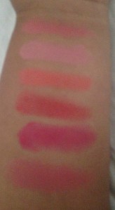 Swatches of (from top to bottom) Flora Passion, Bella Rosa, Coral Cove, Lady Rose, Love Potion & Tea Rose